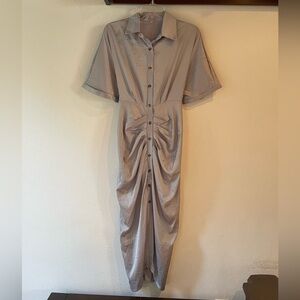 Ruched Front Button Up Collared Midi Dress w/ Tie Waist, Silver, Size L